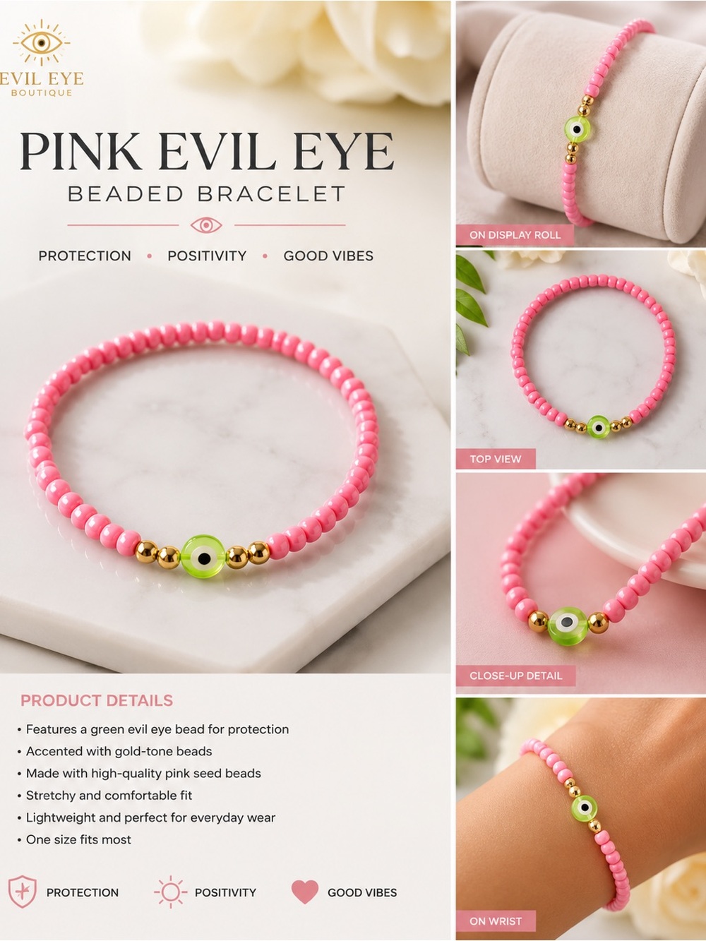 Pink Evil Eye Beaded Bracelet #13